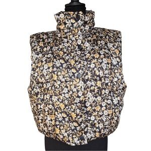 Current Air black crop puffer vest w/ white & gold vintage baroque floral • L